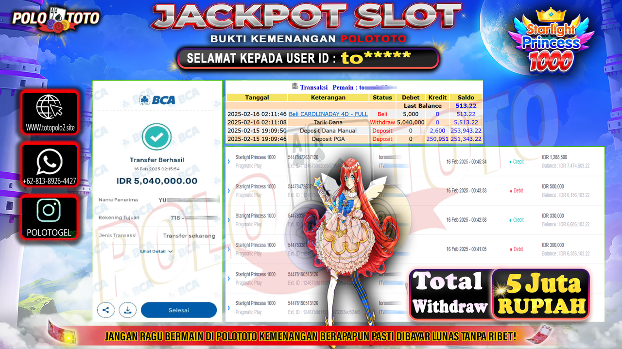 POLOTOTO JACKPOT SLOT STARLIGHT PRINCESS 1000 Rp.5.040.000,-