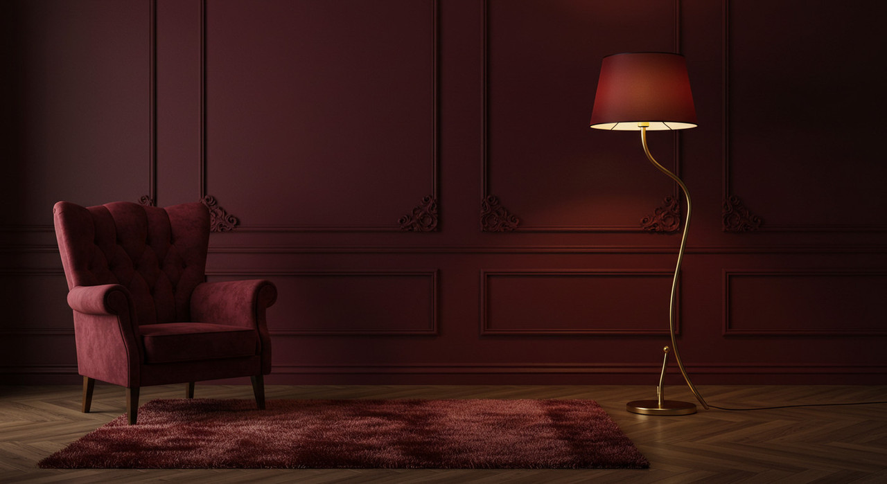 интерьер в бордовом цвете с торшером