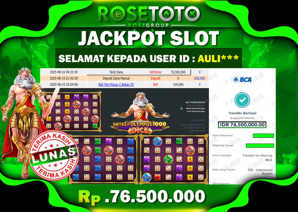 ROSETOTO JACKPOT SLOT Gates Of Olympus 1000 DICE Rp.76.500.000.,- LUNAS