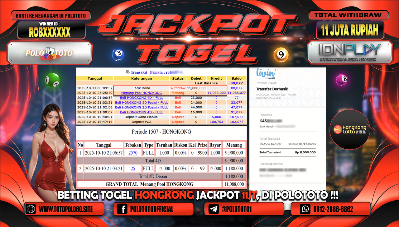 POLOTOTO JACKPOT TOGEL HONGKONG LOTTO Rp.11.000.000,- LUNAS
