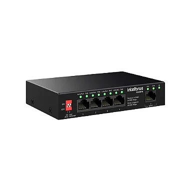 Switch Intelbras S1105F-P com visão frontal das portas Fast Ethernet e PoE.