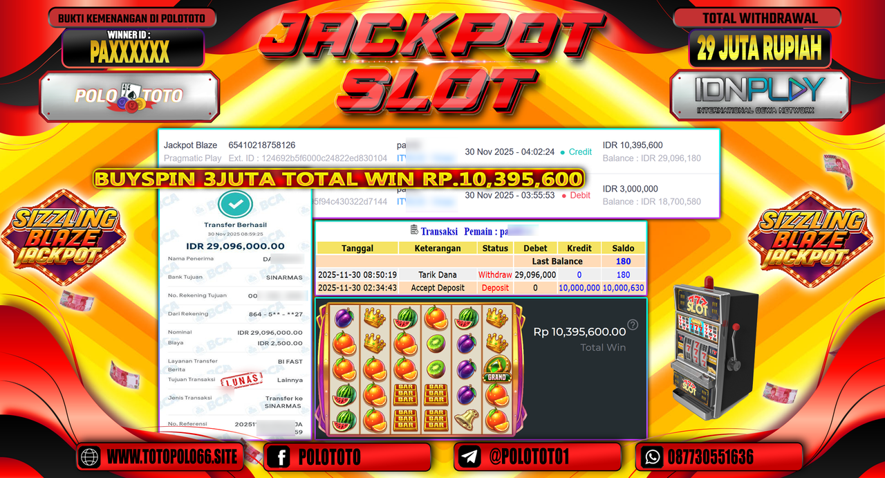 POLOTOTO JACKPOT SLOT JACKPOT BLAZE Rp.29.000.000,- LUNAS