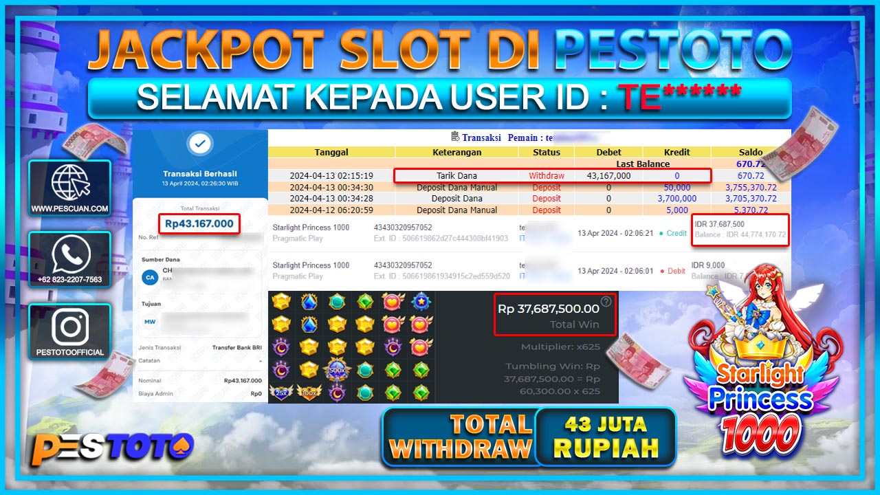 HANYA DI PESTOTO JP PASTI DI BAYAR LUNAS DAN CEPAT!!!!!! JP SLOT { STARLIGHT PRINCES 1000 } Rp.43.167.000 !!!!!