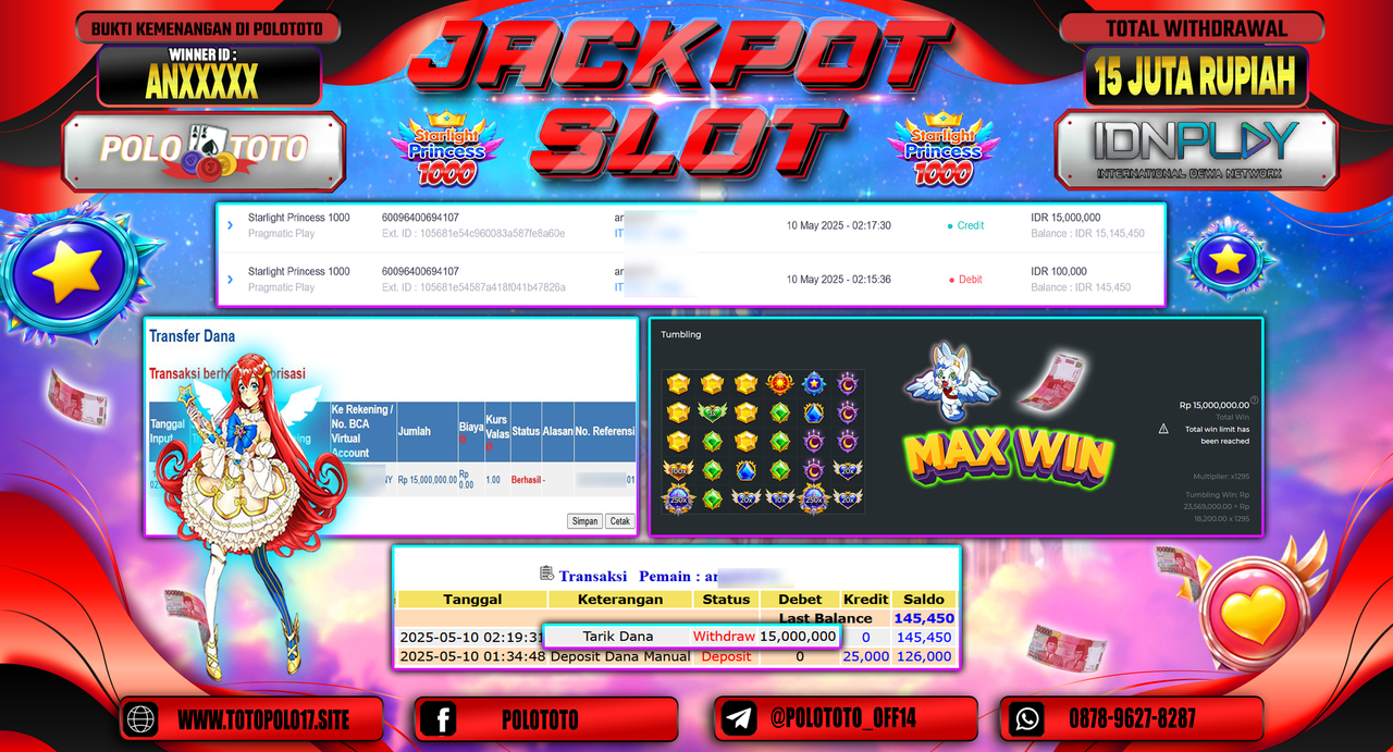 POLOTOTO JACKPOT SLOT STARLIGHT PRINCESS 1000 Rp.15.000.000,-