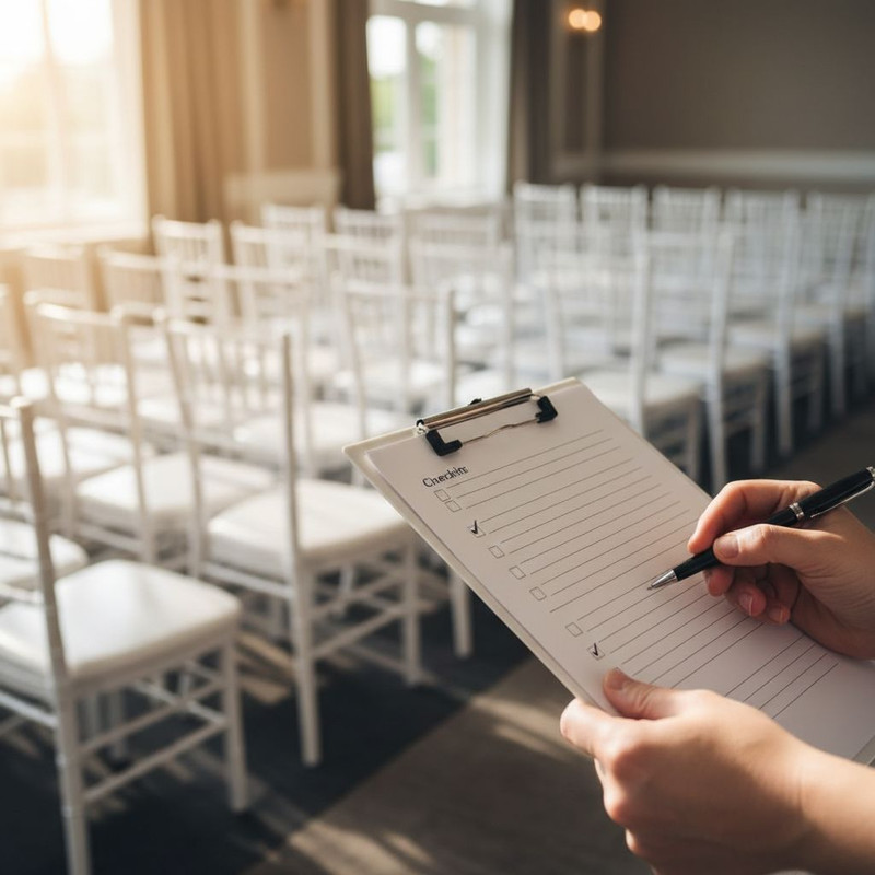 Организатор сверяет количество и качество оборудования по чек-листу, чтобы избежать ошибок при аренде стульев для мероприятия.