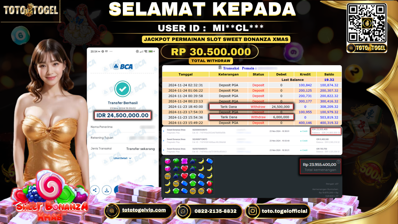 Bukti Pembayaran Jackpot Permainan Slot Sweet Bonanza Xmas  ID: MI**CL*** LUNAS 