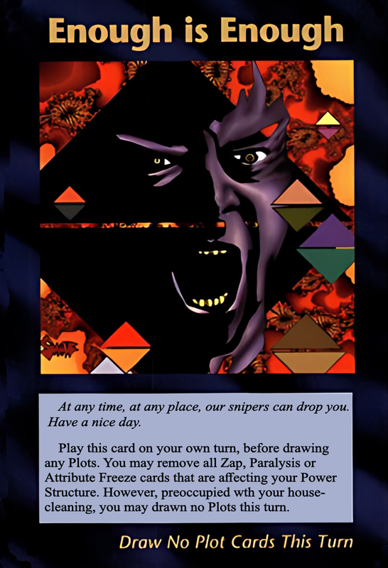 Illuminati New World Order card — Enough Is Enough — Donald Trump's campaign slogan, printed 1995