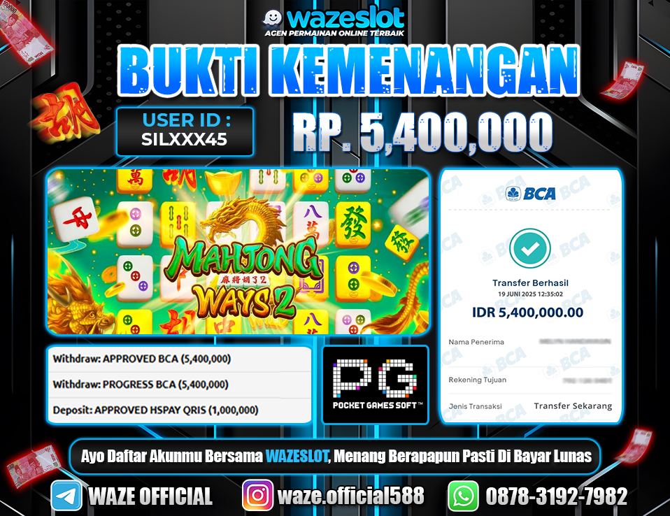 BUKTI KEMENANGAN 19 JUNI 2025 DI GAME MAHJONG WAYS 2