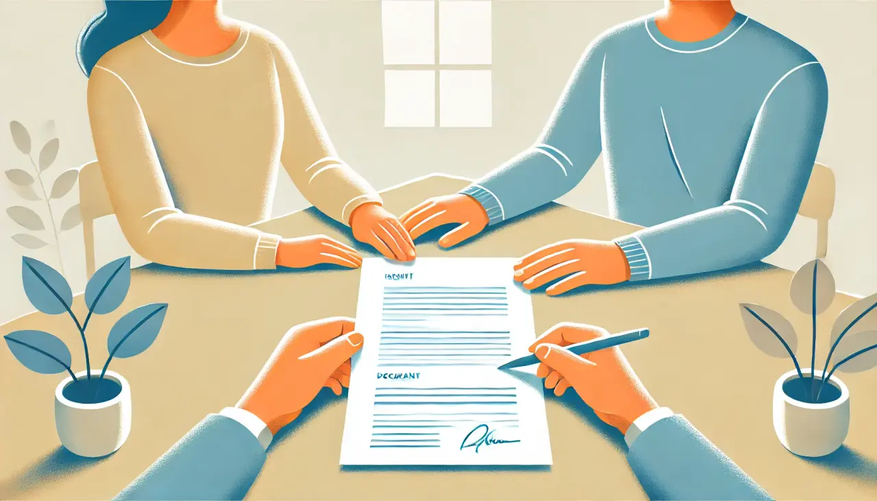 Illustration of intended parents reviewing a surrogacy contract with a surrogate mother, representing the legal bonds of trust in gestational surrogacy.