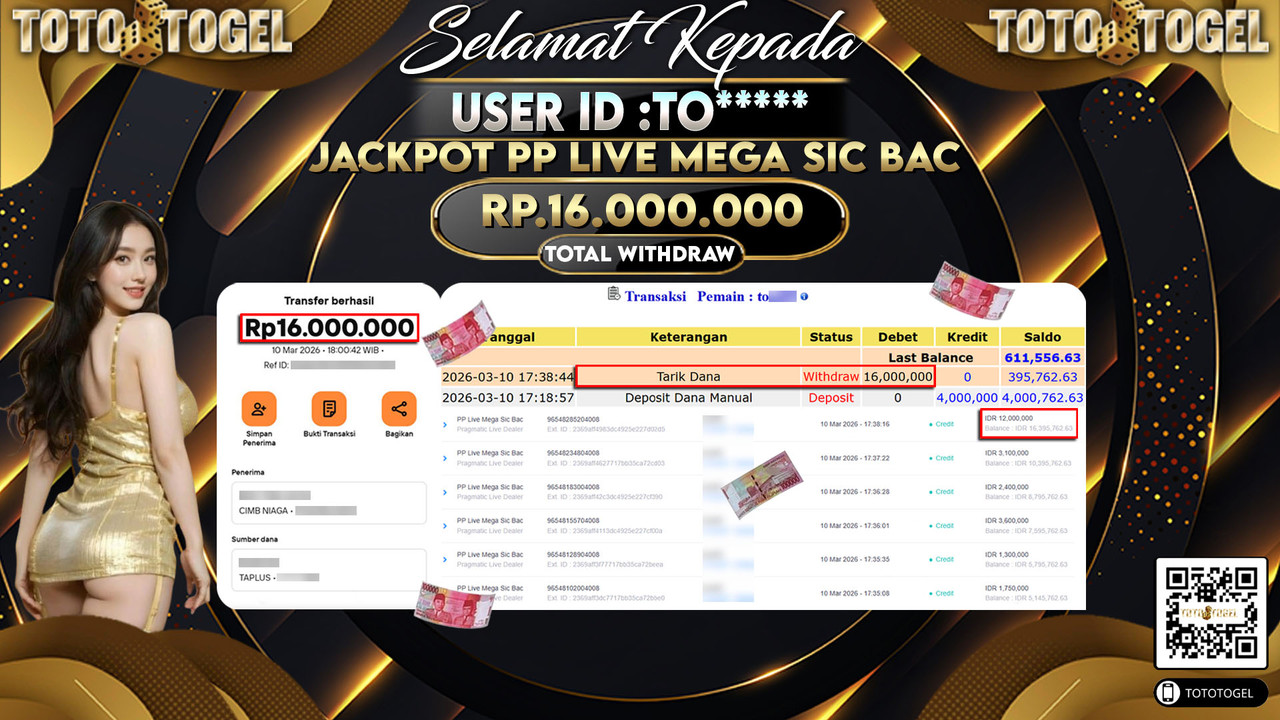 Bukti Pembayaran Jackpot Permainan Pragmatic Live PP Live Mega Sic Bac ID:TO*****LUNAS