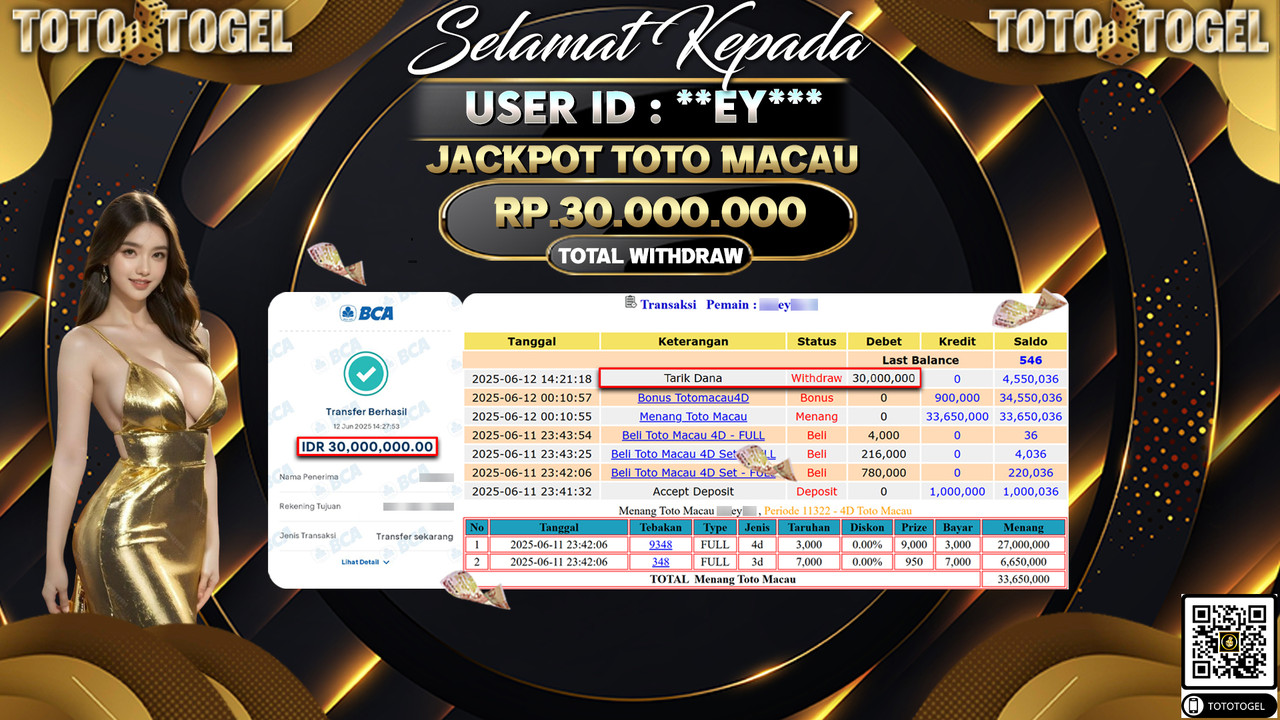 Bukti Pembayaran Jackpot Permainan Togel Toto Macau ID:**EY*** LUNAS