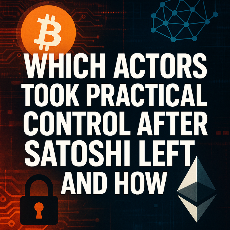 Which actors took practical control after Satoshi left and how