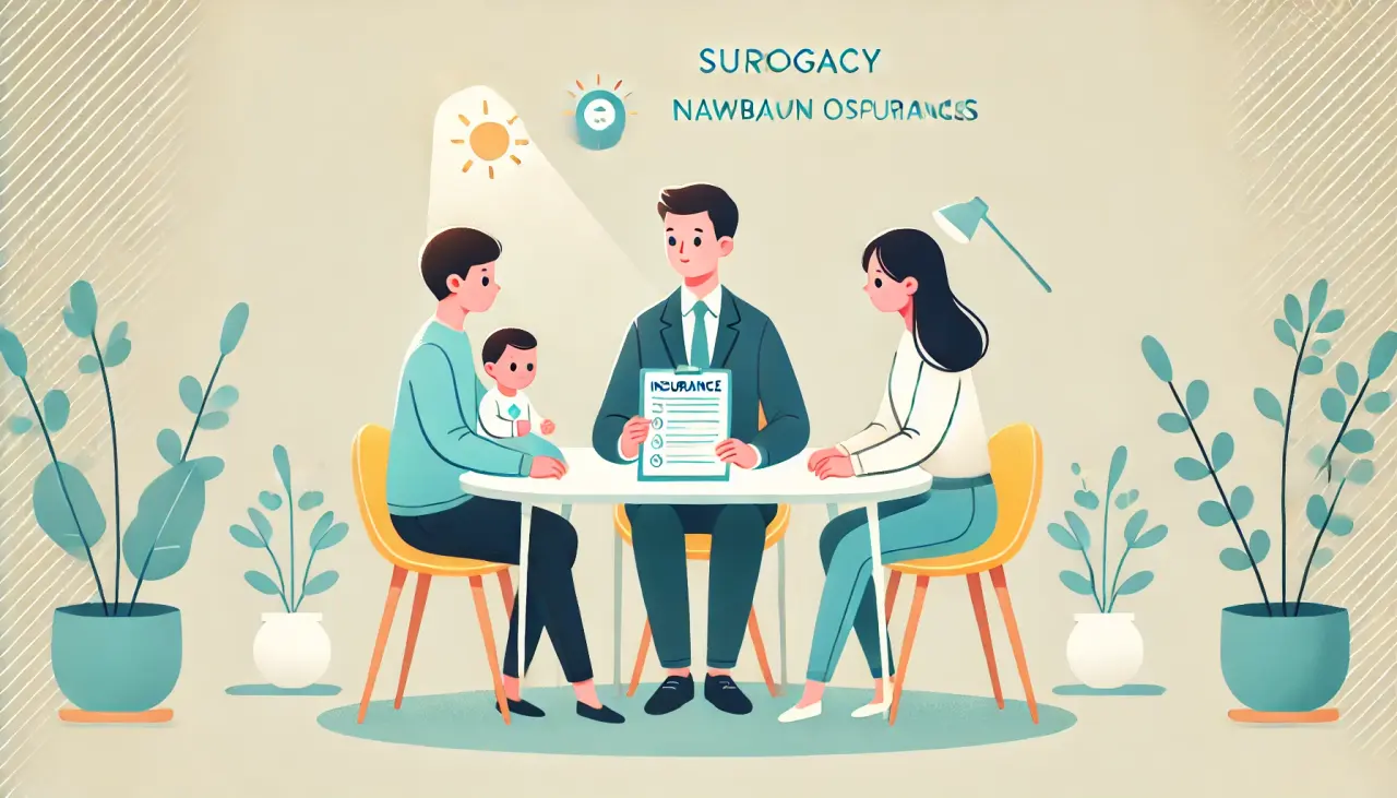 Illustration of a lawyer and parents discussing surrogacy newborn insurance options, with documents on the table.