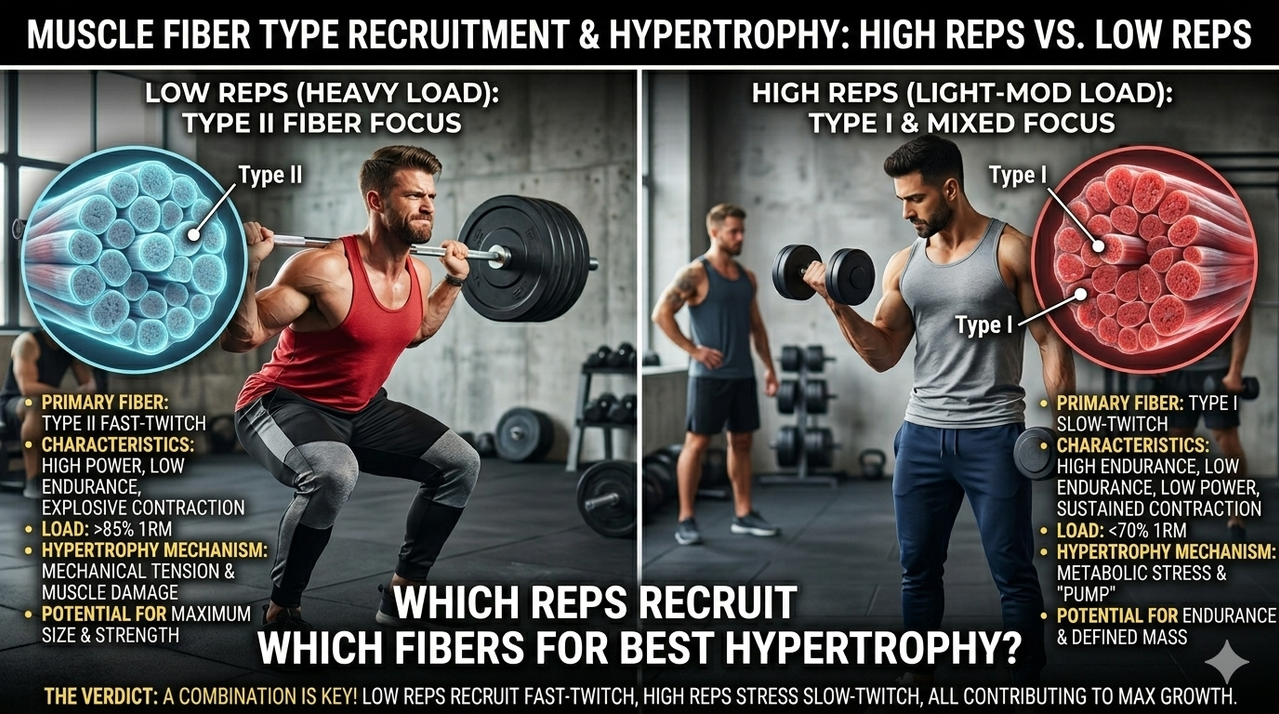 Diagram showing Type I and Type II muscle fibers for high reps vs low reps which is best for hypertrophy comparison