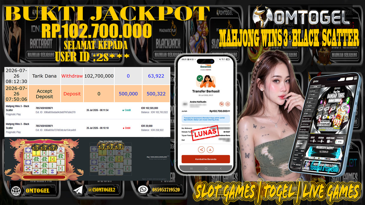 OMTOGEL JACKPOT PRAGMATICPLAY MAHJONG WINS 3 BLACK SCATTER  Rp,102,700,000,- DIBAYAR LUNAS