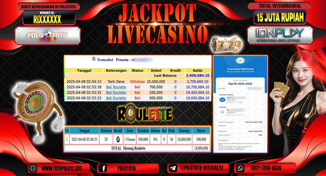 POLOTOTO JACKPOT LIVE CASINO ROULETTE  Rp.15.000.000,- LUNAS