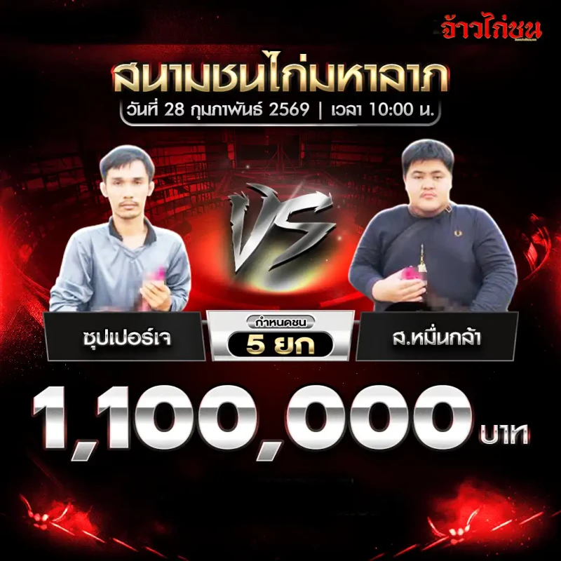 โปรแกรมไก่ชน สนามชนไก่มหาลาภ 28 กุมภาพันธ์ 2569 คู่ ซุปเปอร์เจ vs ส.หมื่นกล้า เงินรางวัล 1,100,000 บาท