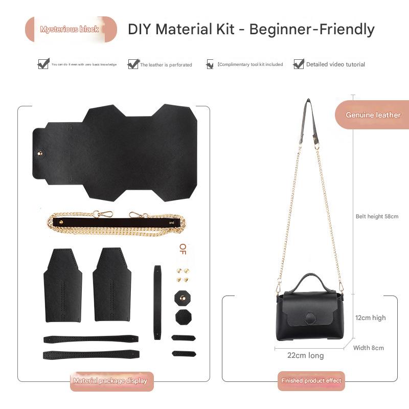 Black Leather Bag DIY Kit – Geometric Shoulder Bag Making Material Set with Pre-Punched Cowhide, Tools for Hand Stitching