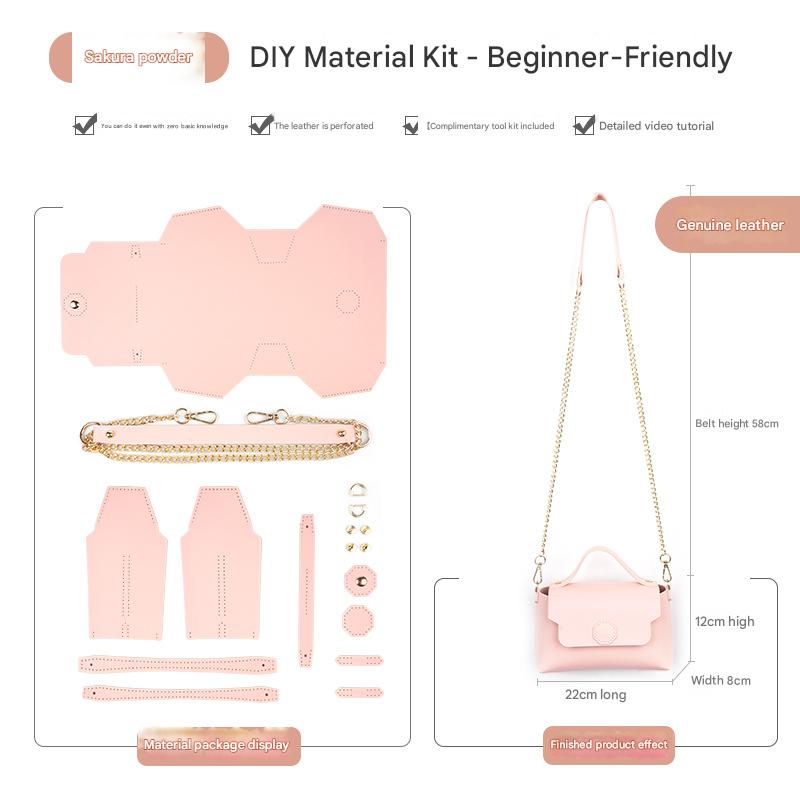 Pink Leather Bag DIY Kit – Geometric Shoulder Bag Making Material Set with Pre-Punched Cowhide, Tools for Hand Stitching