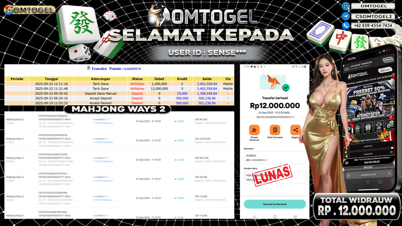 OMTOGEL JACKPOT PGSOFT MAHJONG WAYS 2 12 JUTA DI BAYAR LUNAS ,-
