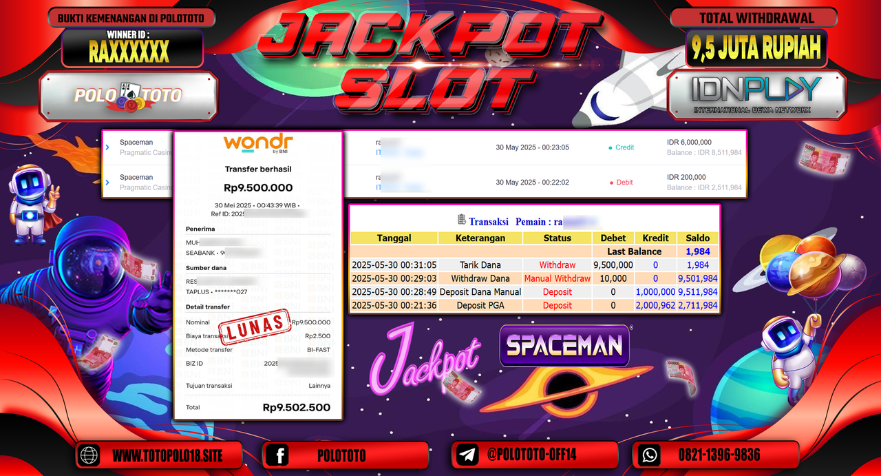 POLOTOTO JACKPOT SLOT SPACEMAN Rp.9.500.000,-