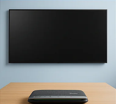 Monitor exibindo apresentação em sala de reunião
