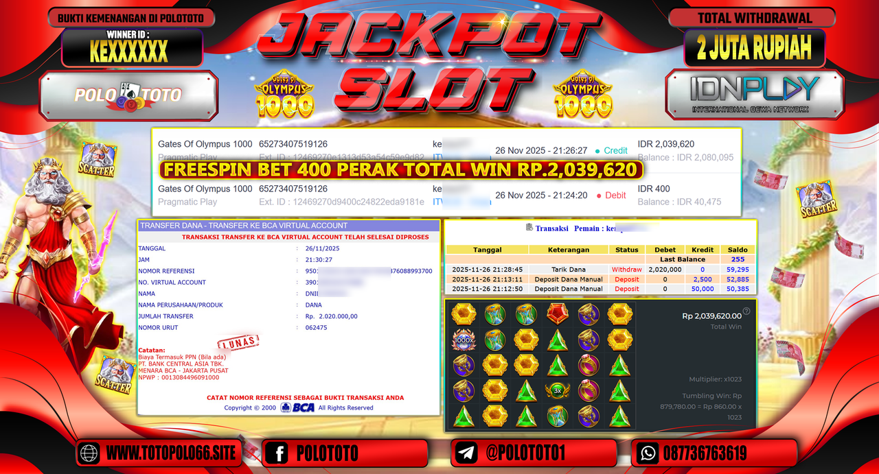 POLOTOTO JACKPOT SLOT GATES OF OLYMPUS 1000 Rp.2.000.000,- 