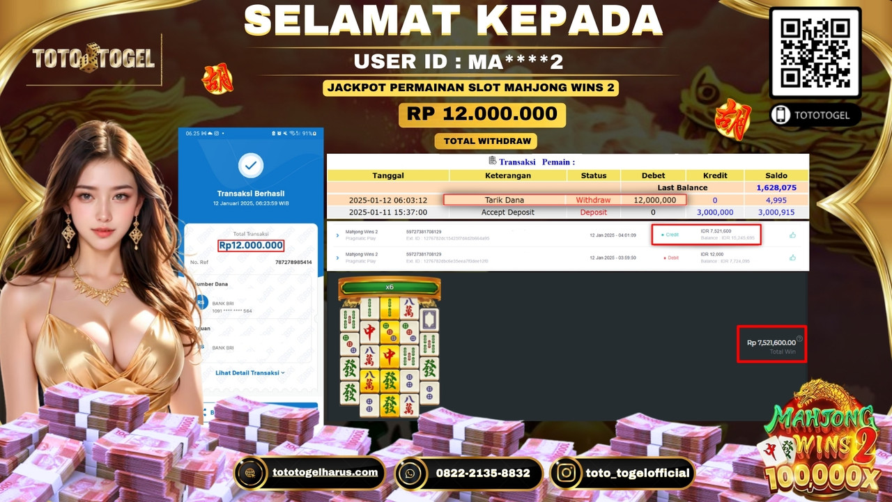 Bukti Pembayaran Jackpot  Permainan Slot Mahjong Wins 2  :MA****2  LUNAS