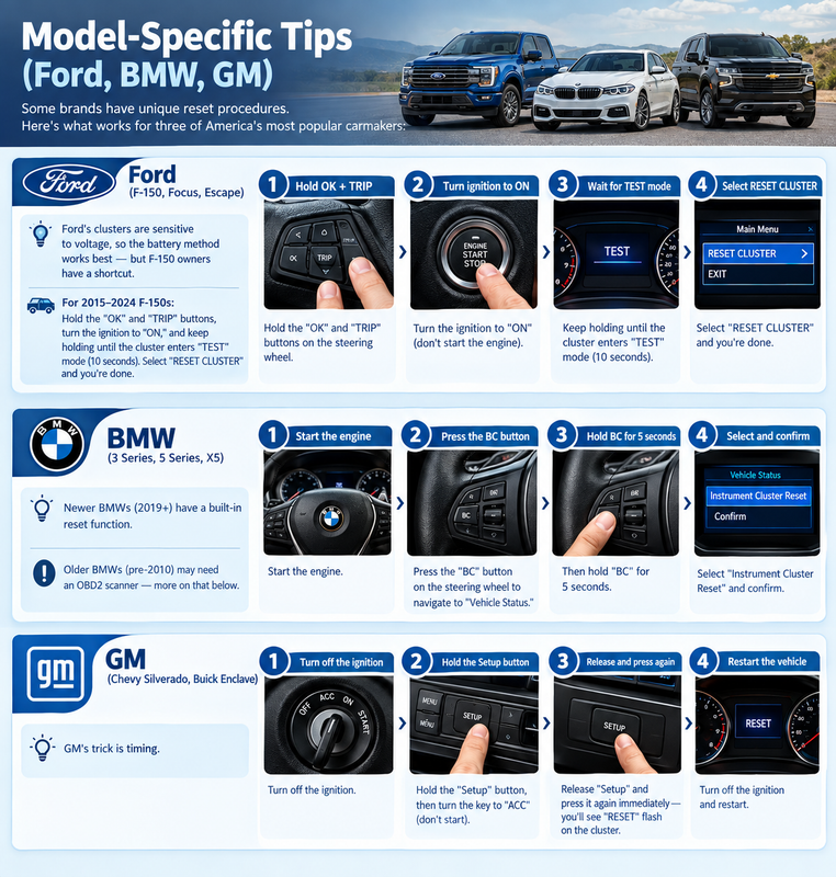 Ford BMW GM vehicle instrument cluster reset guide comparison infographic