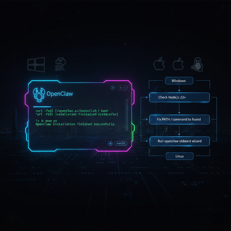 Infographic showing OpenClaw installation steps across different operating systems
