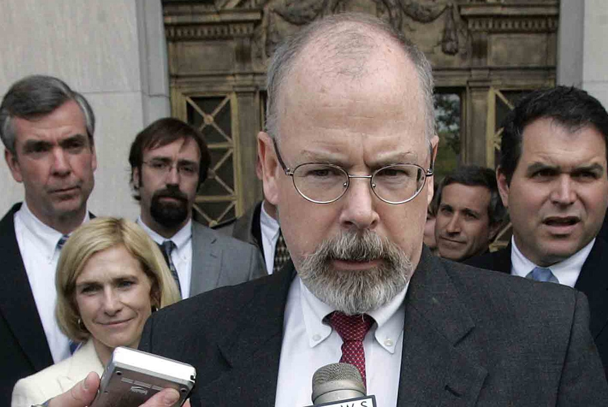 John Durham speaks to reporters outside of the U.S. District Court in New Haven, Connecticut