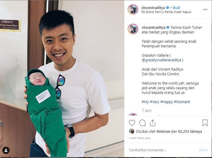 Ungkapan kebahagiaan kapten Vincent Raditya atas kelahiran buah hatinya