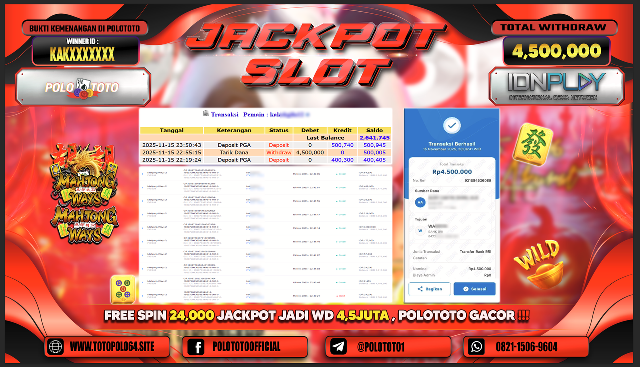 POLOTOTO JACKPOT SLOT MAHJONG WAYS 2 Rp.4.500.000,- LUNAS