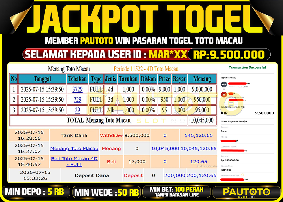 BUKTI PEMBAYARAN TGL 15 JULY 2025 MENANG DI PASARAN TOTO MACAU 4D TOTAL WD 9,5 JUTA