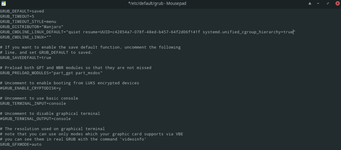etc default grub mousepad