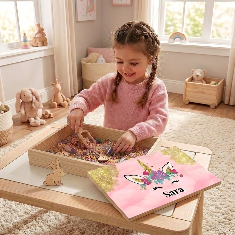 Kind speelt met gepersonaliseerde full colour oceaan speelbak