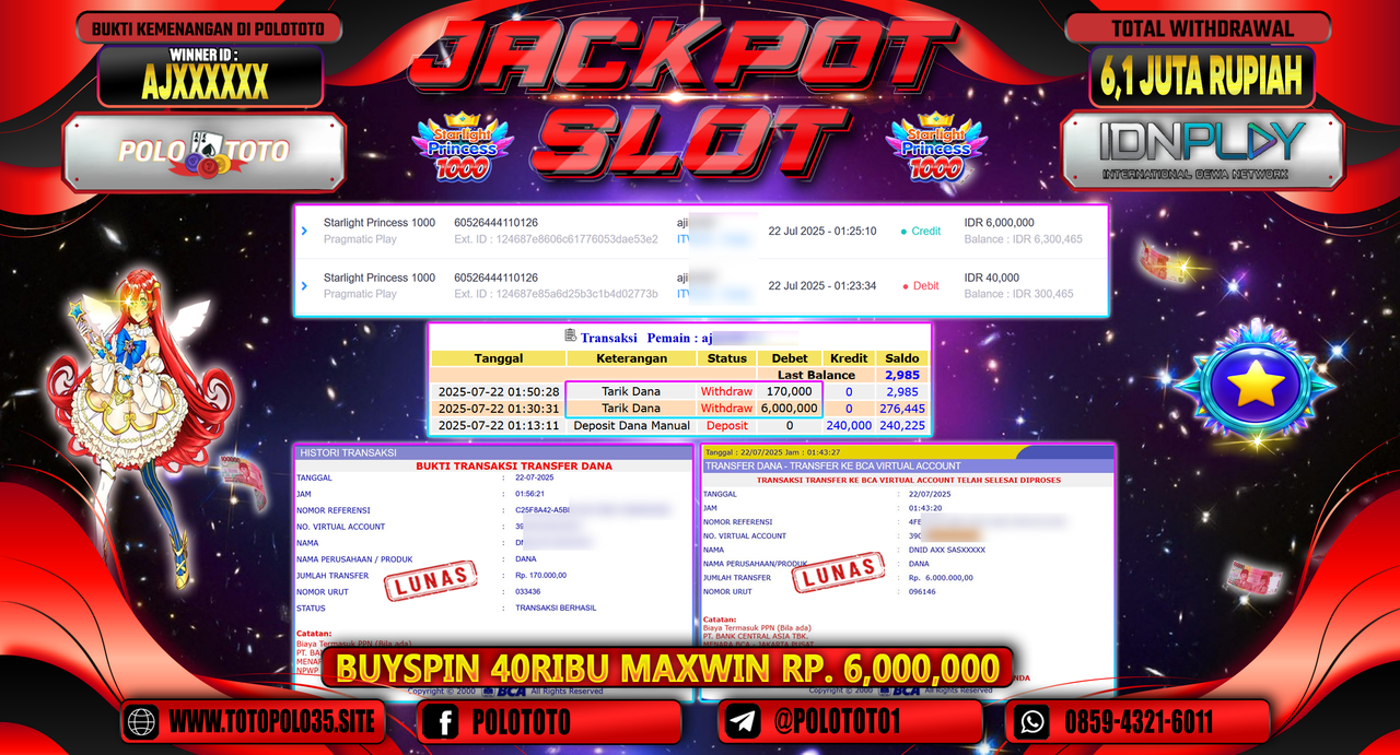 POLOTOTO JACKPOT SLOT STARLIGHT PRINCESS 1000 Rp.6.100.000,- LUNAS
