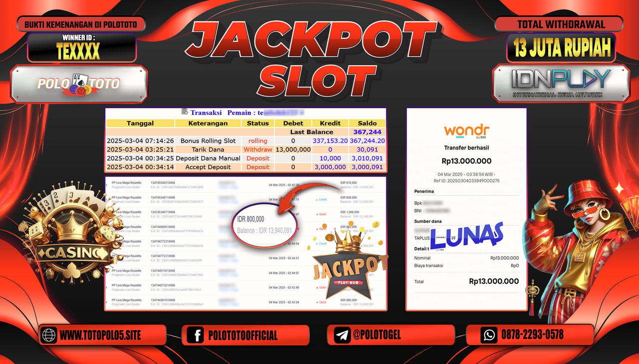 POLOTOTO JACKPOT SLOT PP LIVE MEGA ROULETTE Rp.13.000.000,-