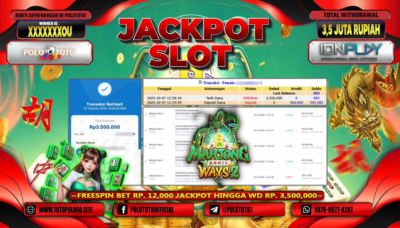 POLOTOTO JACKPOT SLOT MAHJONG WAYS 2 Rp.3.500.000,- LUNAS