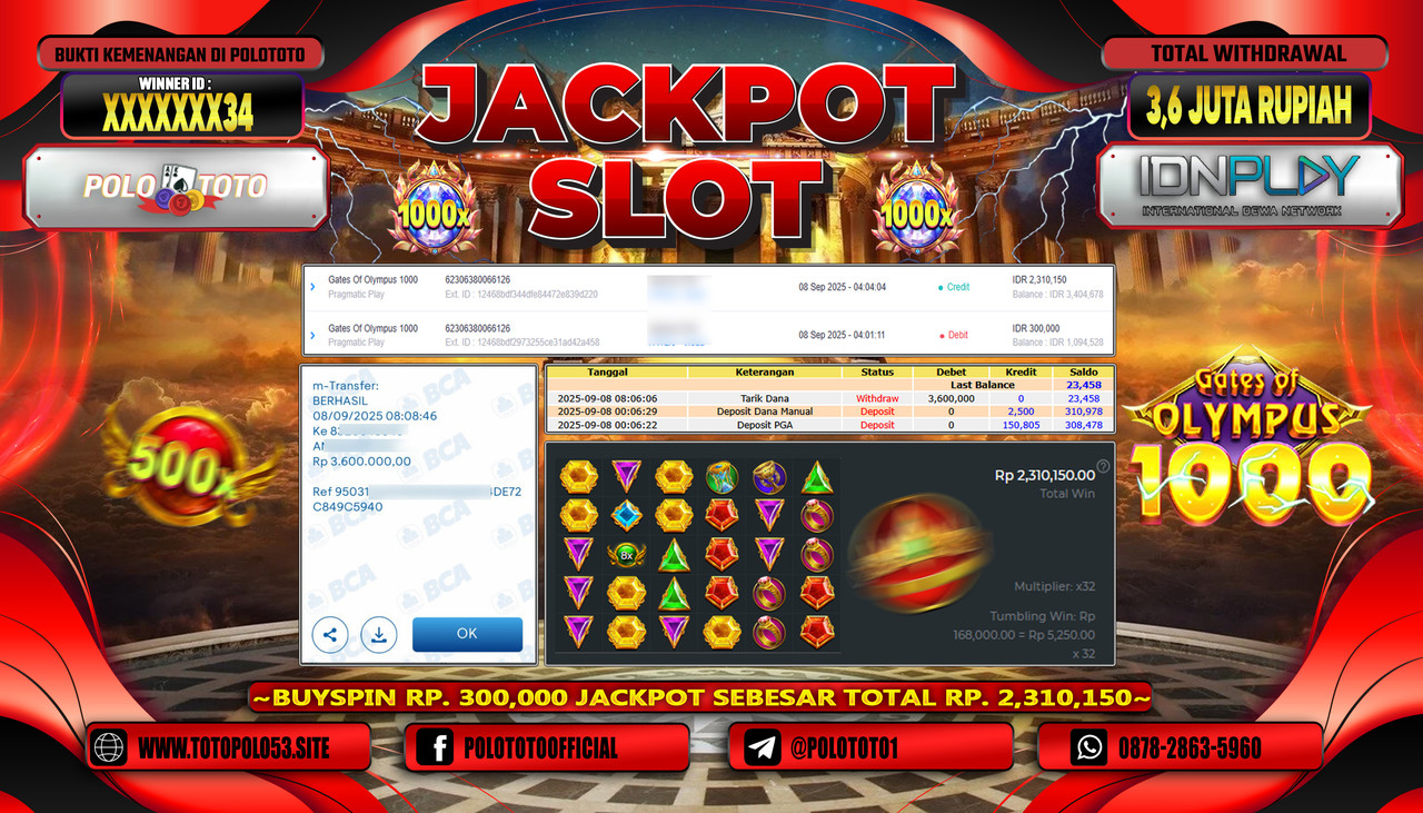 POLOTOTO JACKPOT SLOT GATES OF OLYMPUS 1000 Rp.3.600.000,- LUNAS
