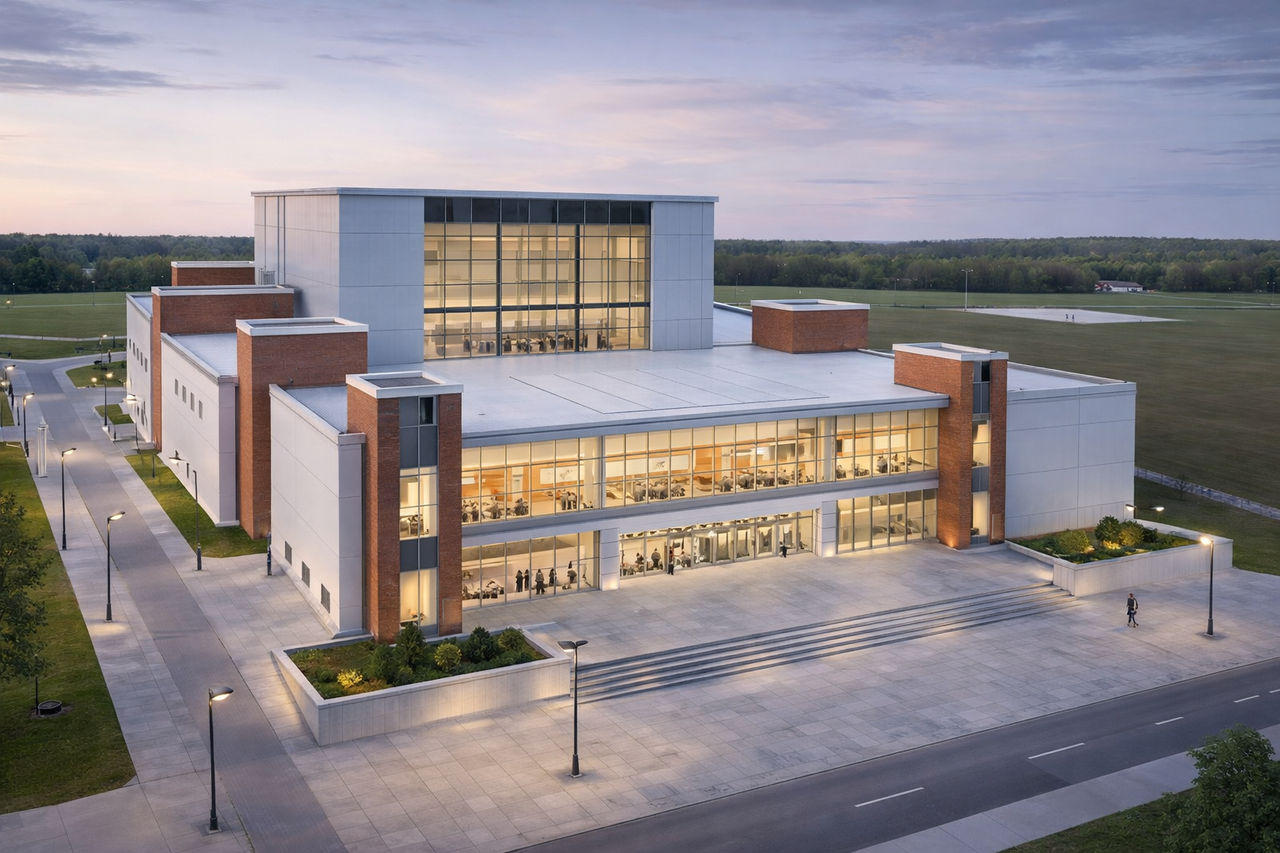 Main entrance view of the auditorium complex.