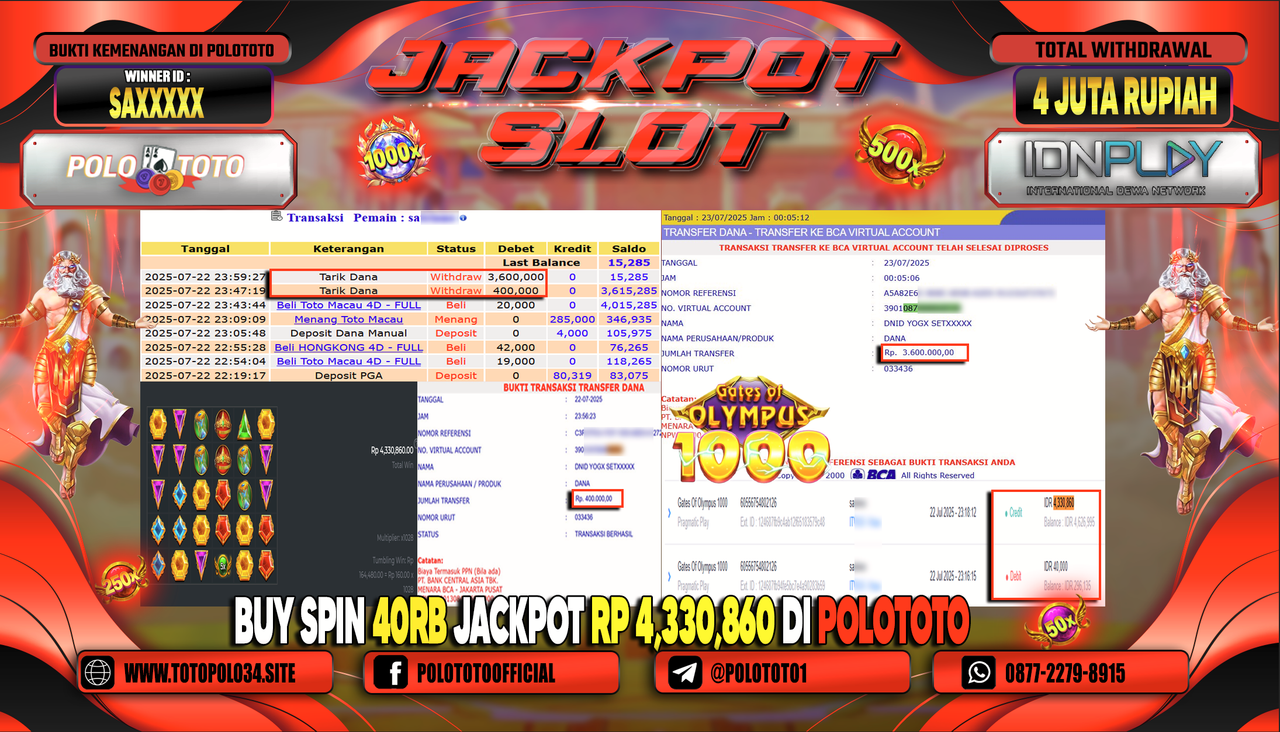 POLOTOTO JACKPOT SLOT GATES OF OLYMPUS 1000 Rp.4.000.000,- LUNAS