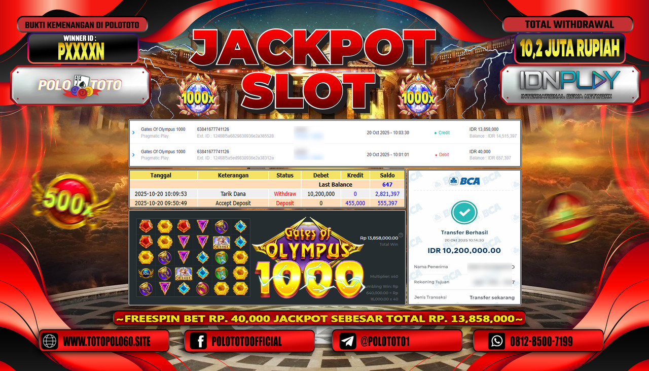 POLOTOTO JACKPOT SLOT GATES OF OLYMPUS 1000 Rp.10.200.000,- LUNAS