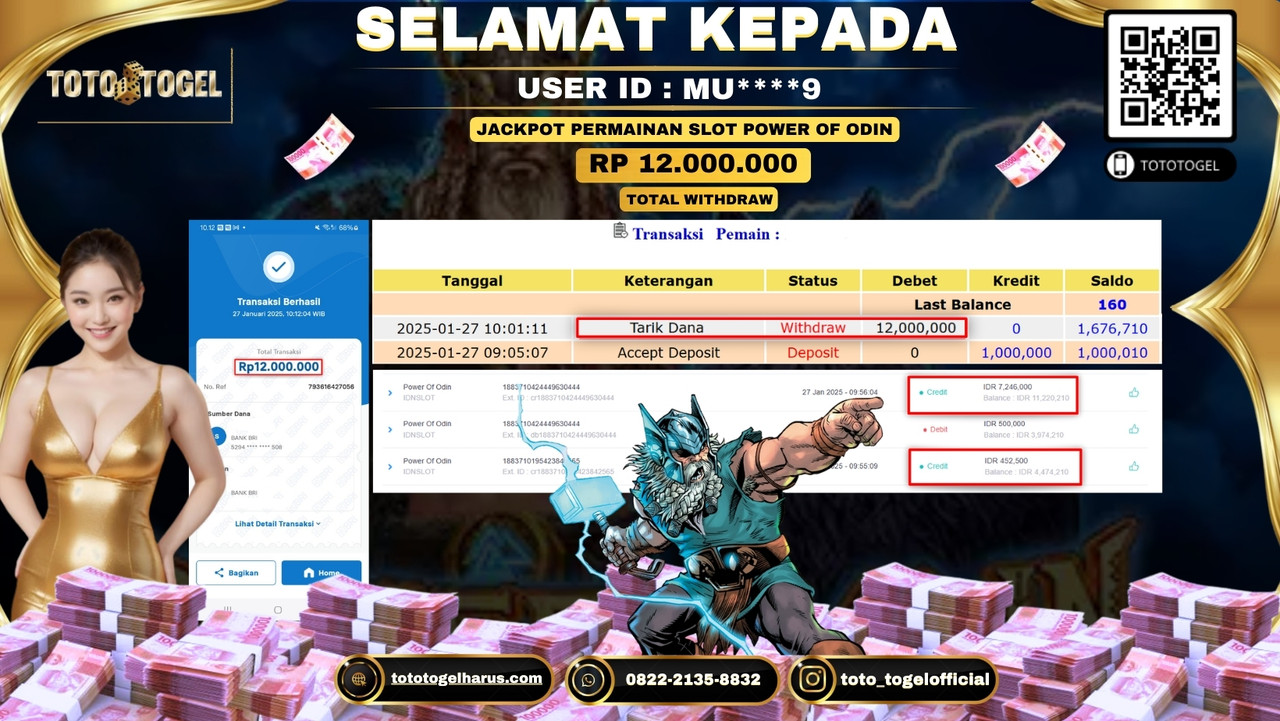 Bukti Pembayaran Jackpot  Permainan Slot Power Of Odin  ID:MU****9  LUNAS