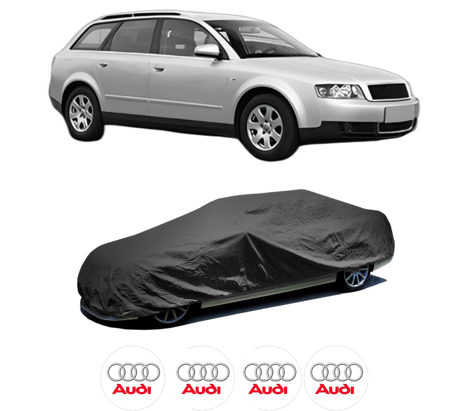 Husa tip prelata auto pentru AUDI A4 B6 Avant (8E5) din 2001-2004, Culoare Negru, material textil impermeabil, rezistanta la intemperii praf UV, CARPASSION Husa Protectie, 4 Stickere auto cu AUDI