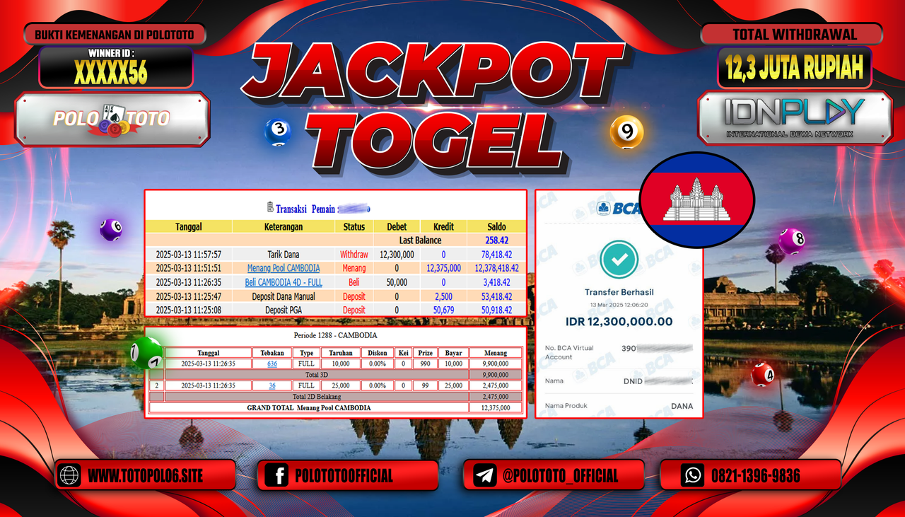 POLOTOTO JACKPOT TOGEL CAMBODIA POOLS Rp.12.300.000,-