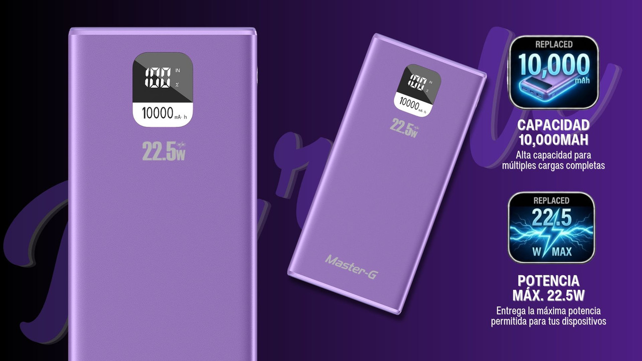 Power Bank Master-G 10000mAh 22.5W Carga Rápida Pantalla LCD Morado UCP10MPD 3
