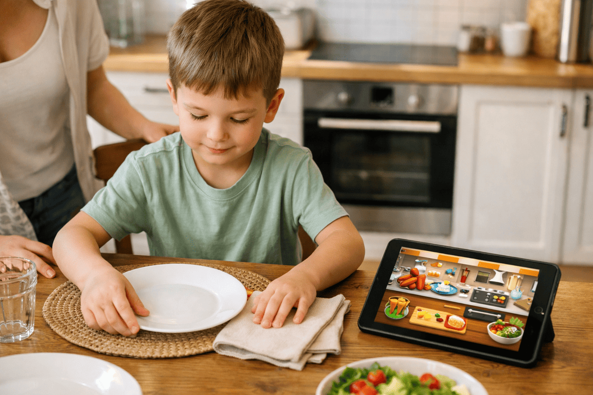 Ребенок помогает накрывать на стол рядом с планшетом