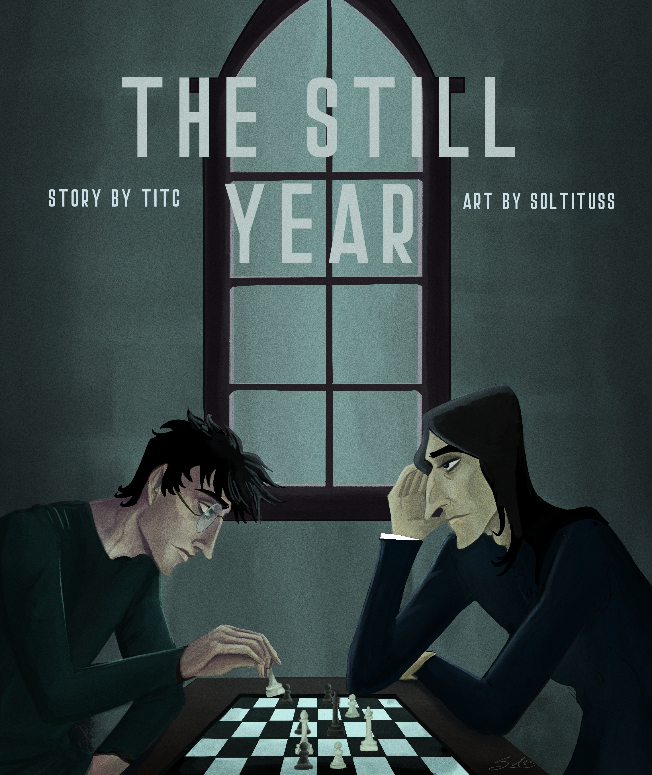 This banner depicts Harry and Severus playing chess in a blue-grey tinted castle, in front of the mirror. Harry is holding a chess piece on his fingers and looking warily at Severus. Severus is waiting and looking tiredly at Harry. The title is written in light blue color with a big font.