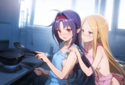 2girl, {{yuuki, sao}}, purple hair, red eyes, nude apron, {{abigail williams, fa s-907606903